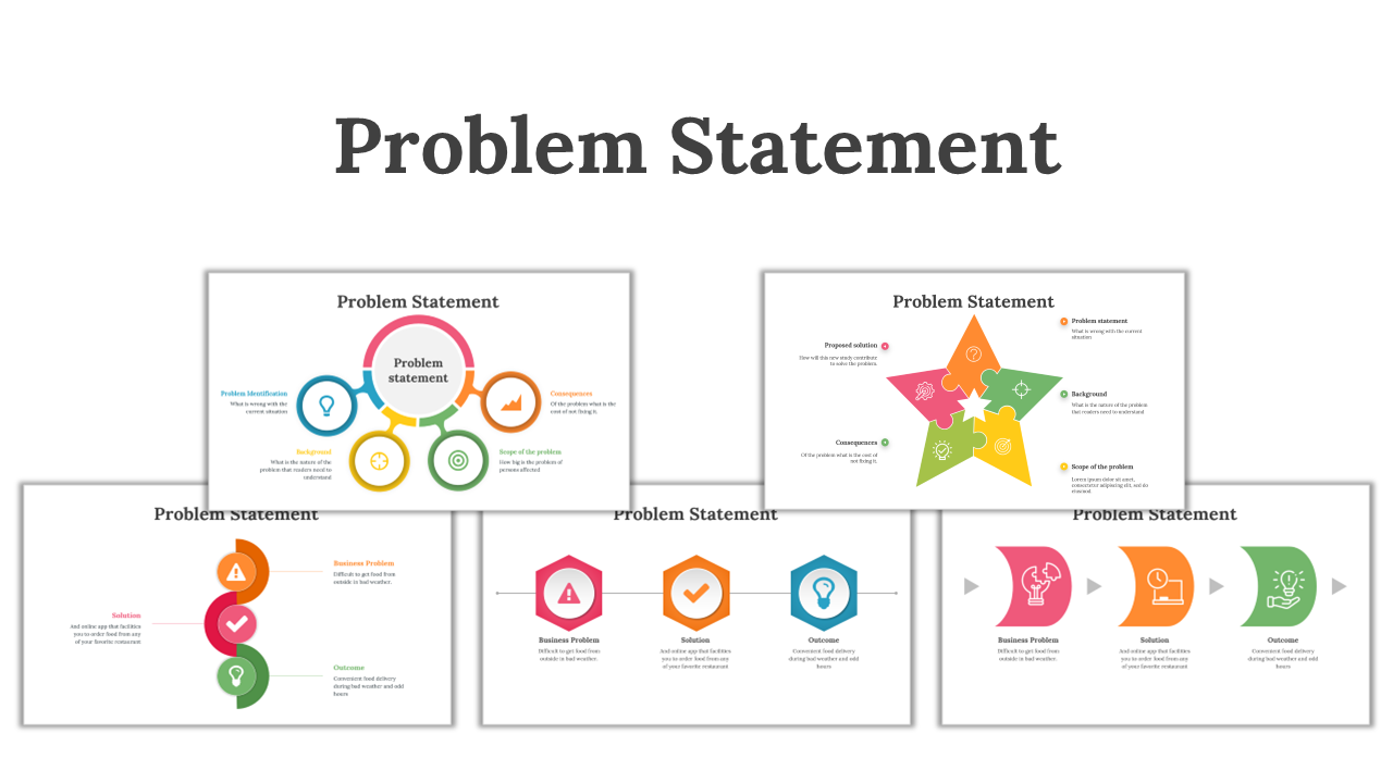 Problem statement slide deck featuring diverse infographic designs, such as circular and star layouts with icons and arrows.