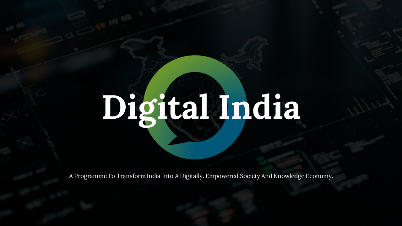 Digital India presentation cover slide deck below highlighting topics like e-governance, digital literacy, and AI.