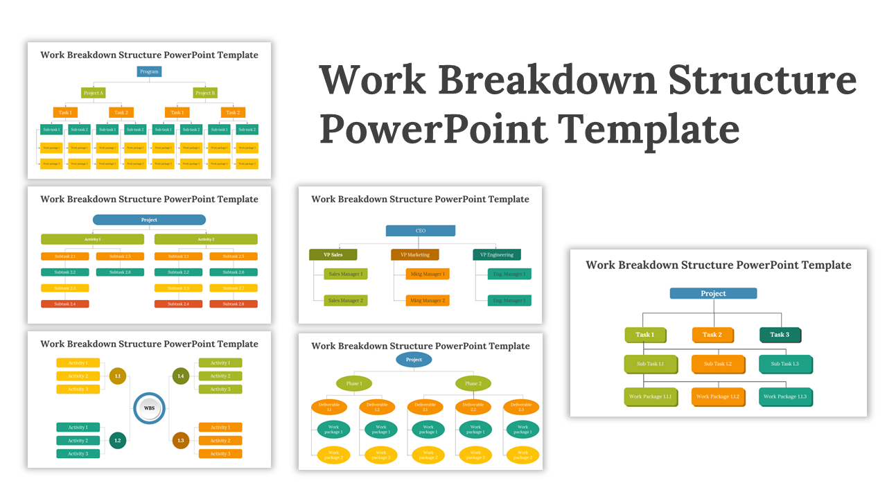 Slide deck with colorful charts and diagrams illustrating work breakdown structures using boxes and ovals in various layouts.