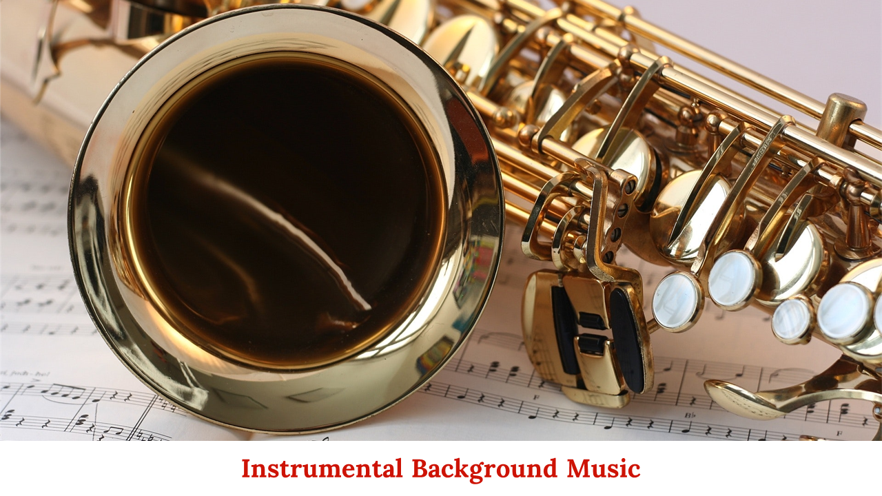 Slide deck featuring close up shots of instruments, including saxophone, guitar, and drum, on a musical themed background.