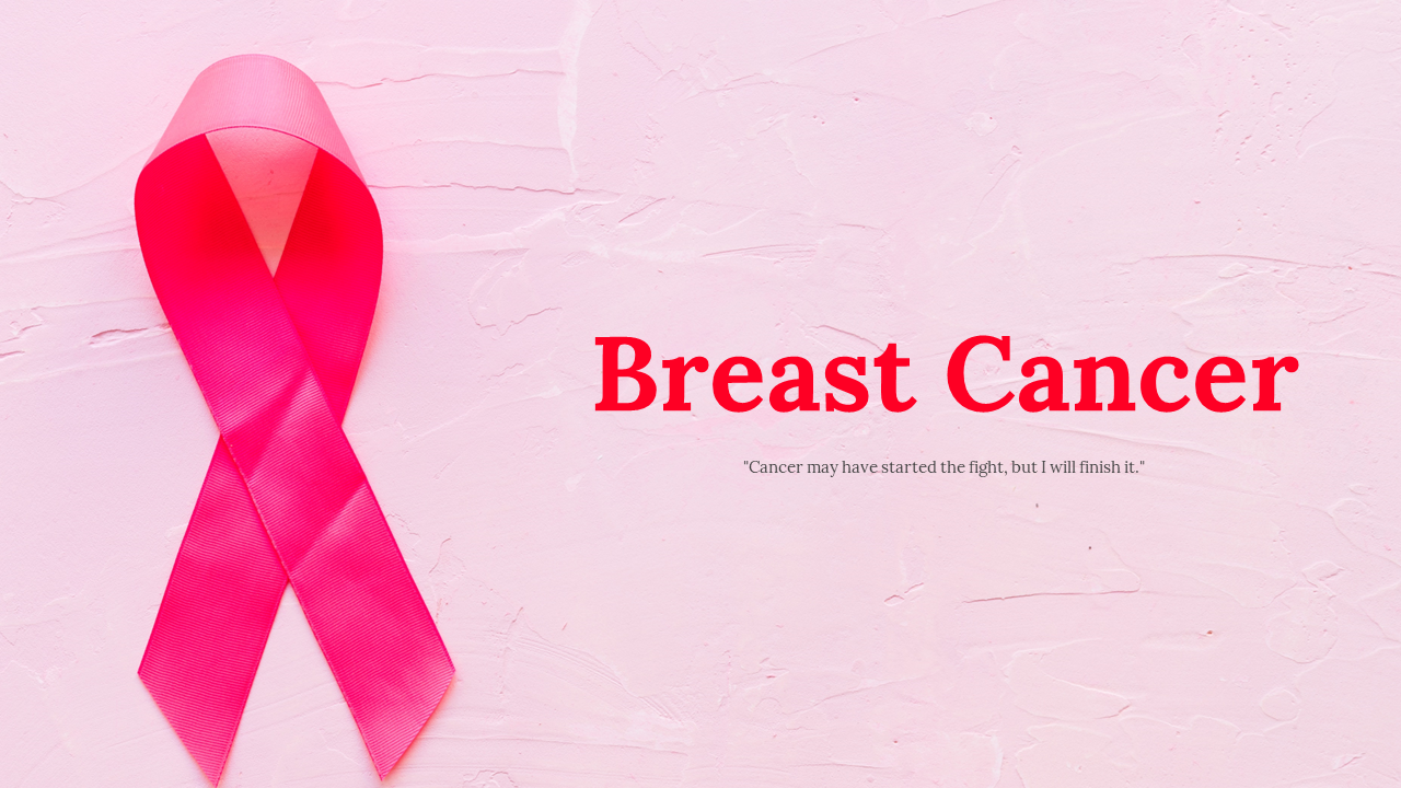 Pink-themed slide deck breast cancer awareness slide featuring a large ribbon and  photos of people advocating for awareness.