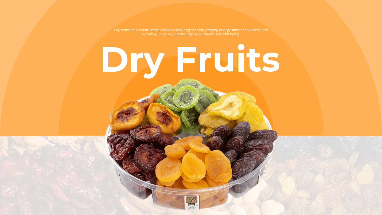 Vibrant orange slide pack with images of various dry fruits in a bowl, highlighting nutritional benefits and energy.