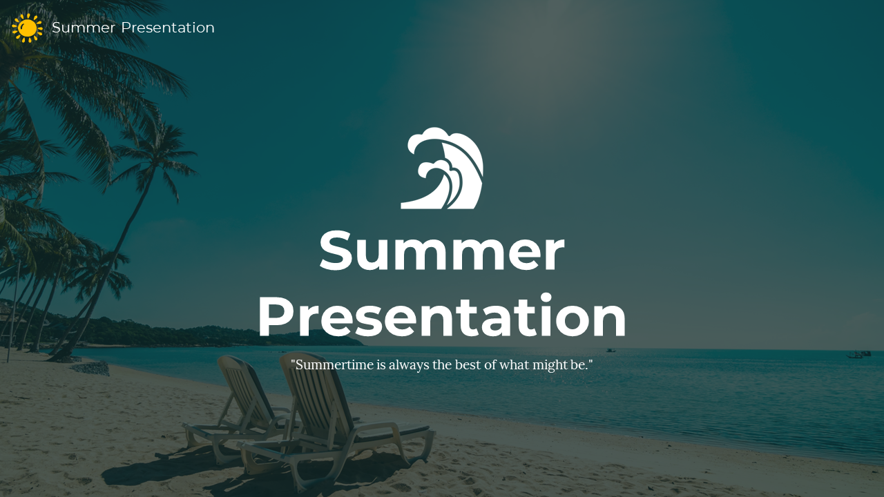 Slide deck showcasing summer topics, including beaches, vacations, sports, fashion, and nature, with vibrant images.