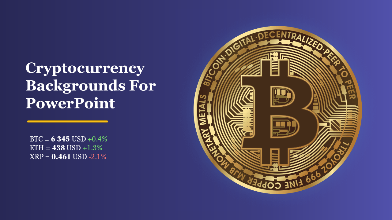 Blue and gold cryptocurrency slide showcasing Bitcoin symbol, price charts, global decentralization, and mining components.