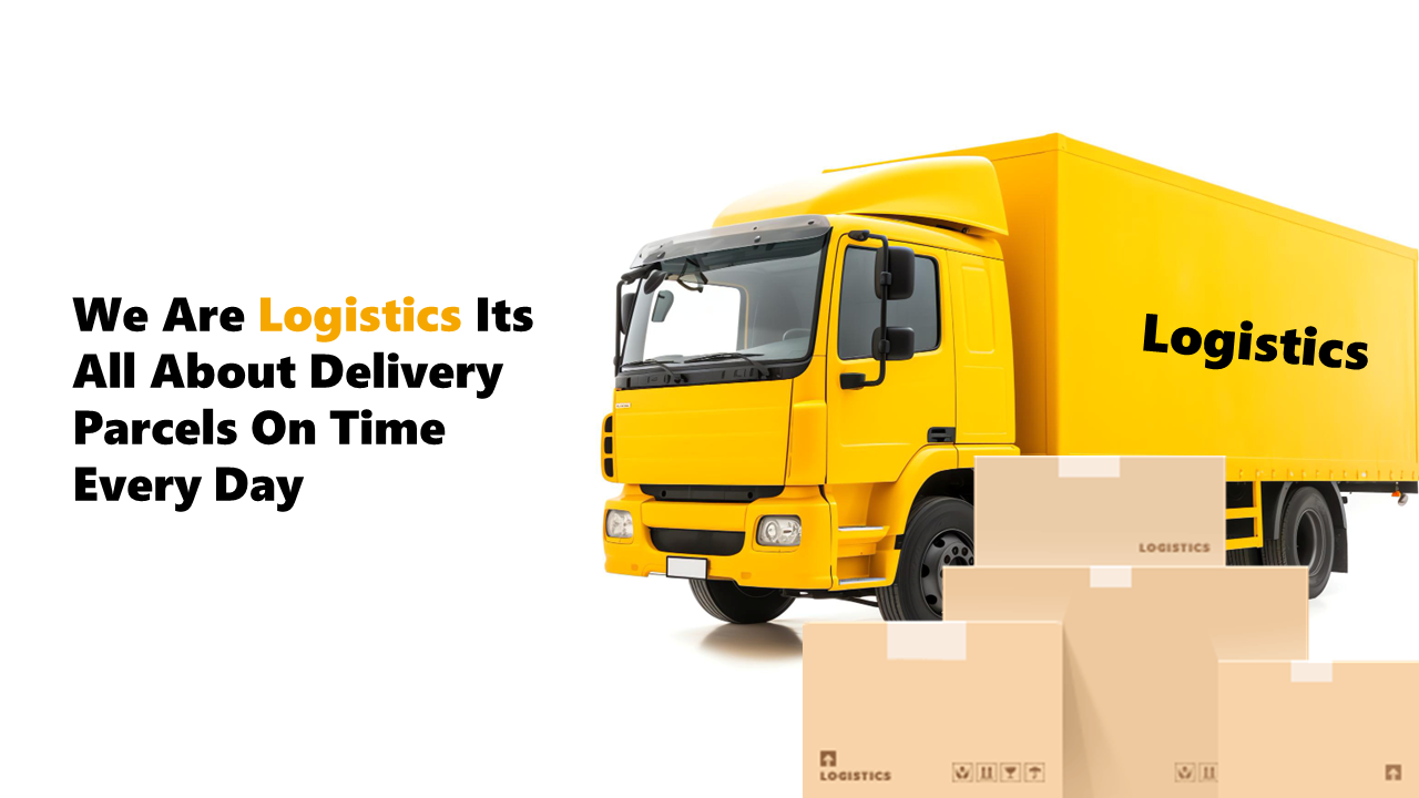 Logistics slide deck featuring a yellow delivery truck, parcel illustrations, and sections on services.