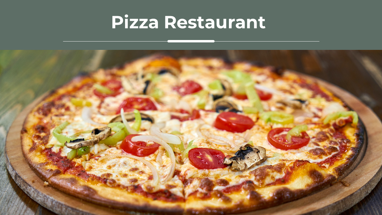 Slide deck pizza restaurant featuring menu sections for pizzas and drinks, team info, contact details, and booking options.