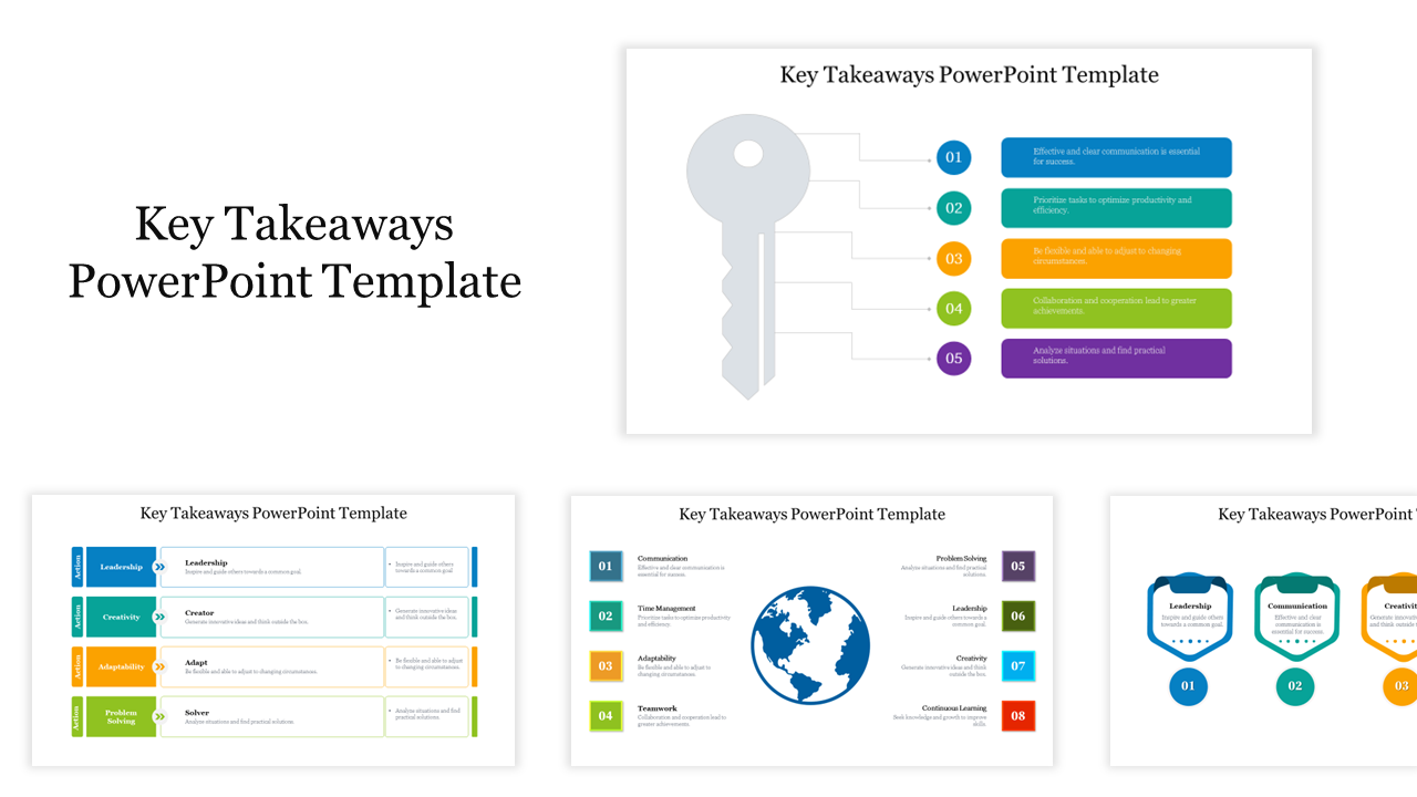 Collage of slides with a key symbol, displaying key takeaways with various colorful layouts, icons with text area.