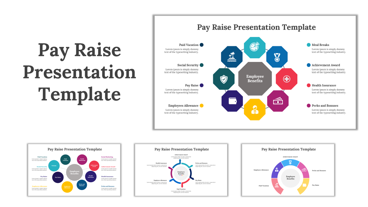 Set of slides showing colorful circular and hexagonal layouts with various icons representing pay raise elements.