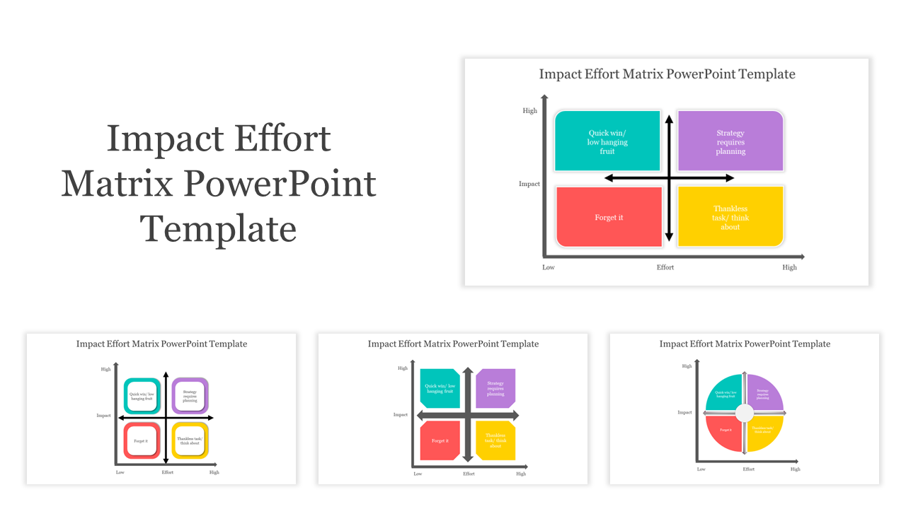 Impact effort matrix slides categorizing tasks by effort and impact using quadrants and colorful labels.