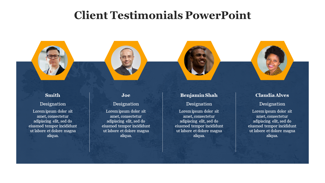 Slide deck showing client testimonials in various layouts, with portrait photos and colored text boxes.