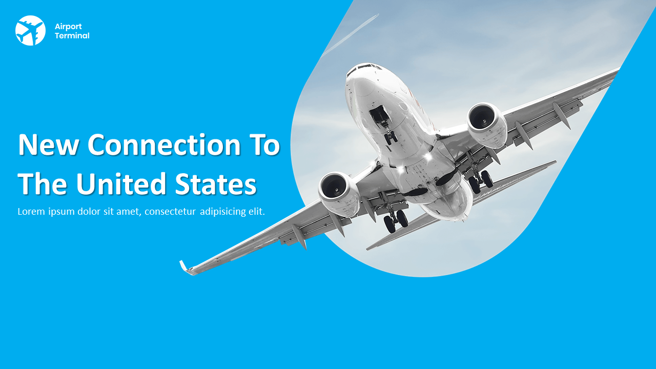 Slide deck view of an airplane new connections, positioned against a blue background with a headline on the left.