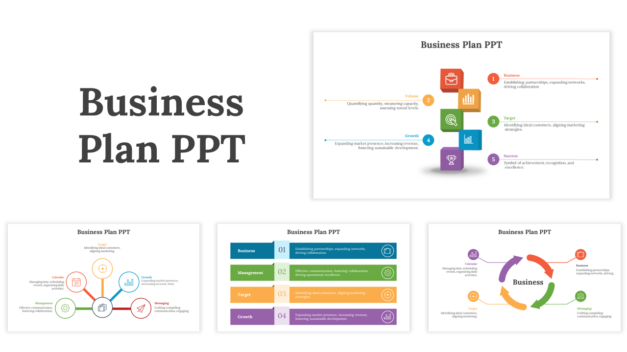 A pack of business plan slides showcasing colorful sections with different layout designs and icons with text descriptions.