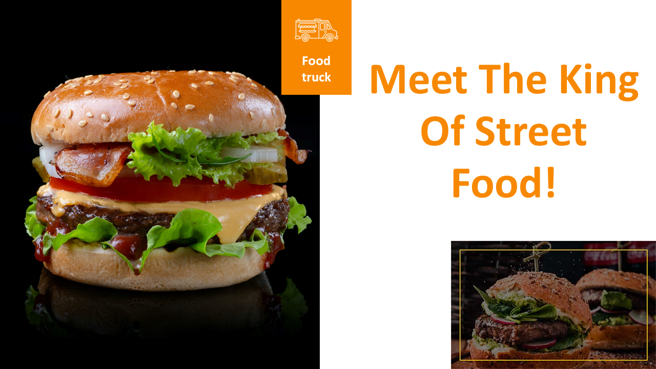 Street food themed slides with burger images, menu overview, upcoming tour dates, and meet our team section.