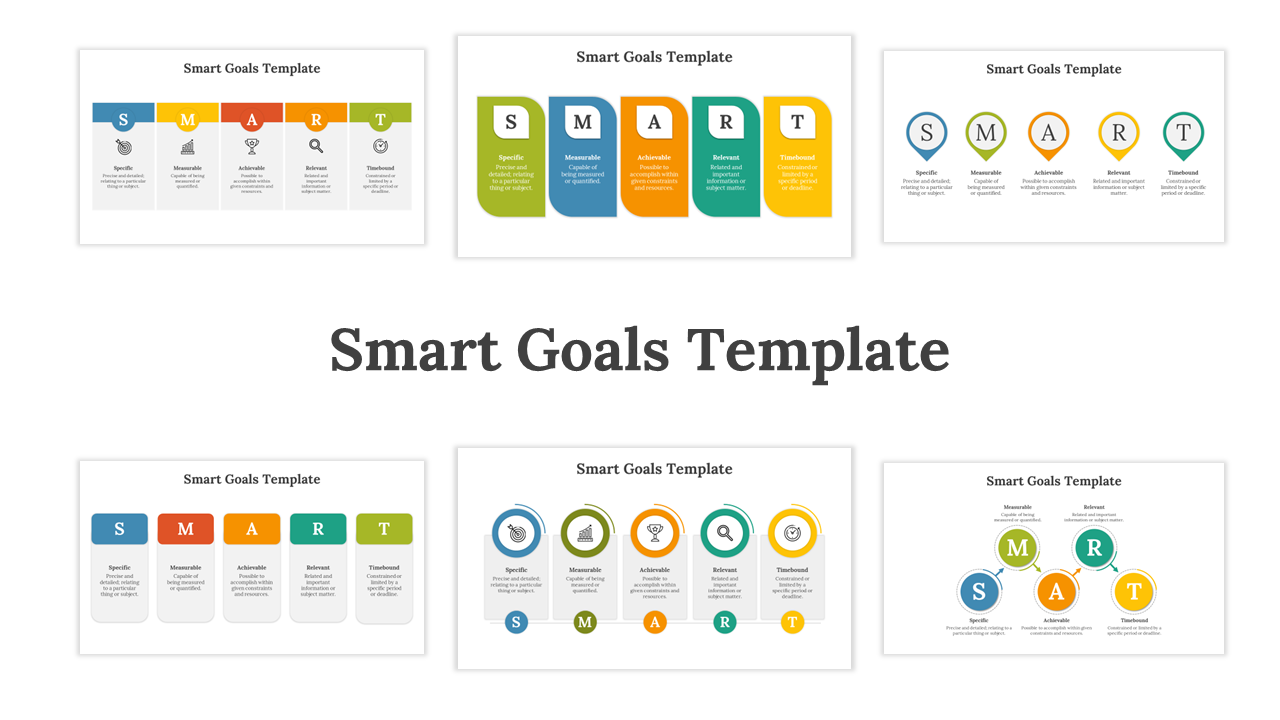 Collection of twelve smart goals slides with arrangements of colored blocks and icons, each arranged in multiple design.