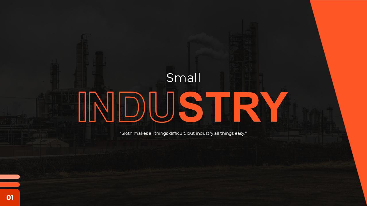 Small Industry slides featuring an industrial background and sections on introduction and challenges for small businesses.