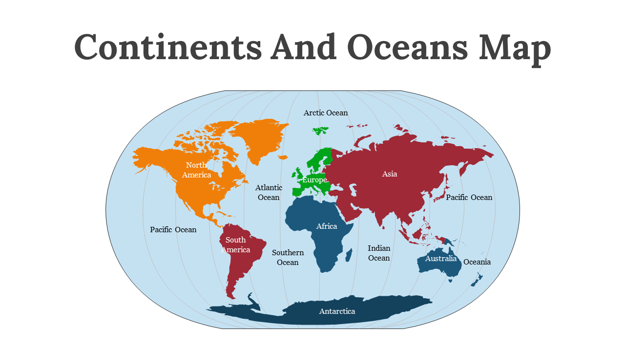 Collection of slides with white backgrounds, showing colorful continents and major oceans labeled clearly.