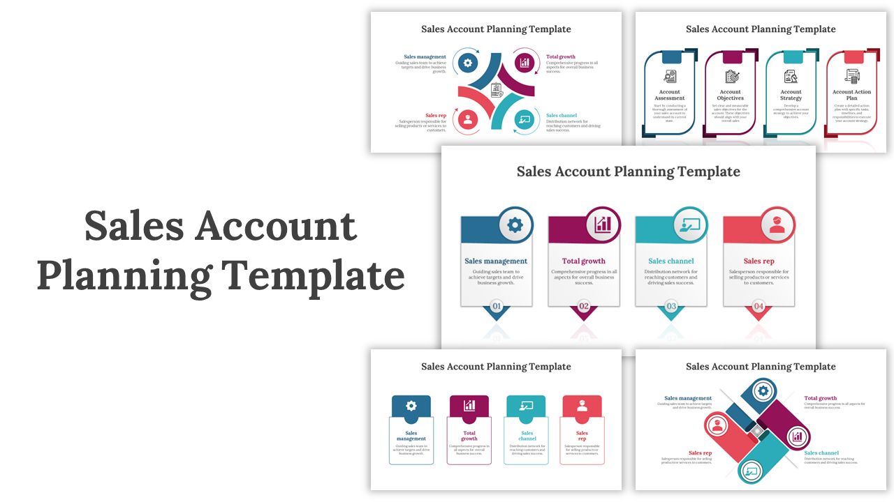 Slide deck featuring geometric shapes, icons, and diagrams in vibrant colors, designed for sales account planning.