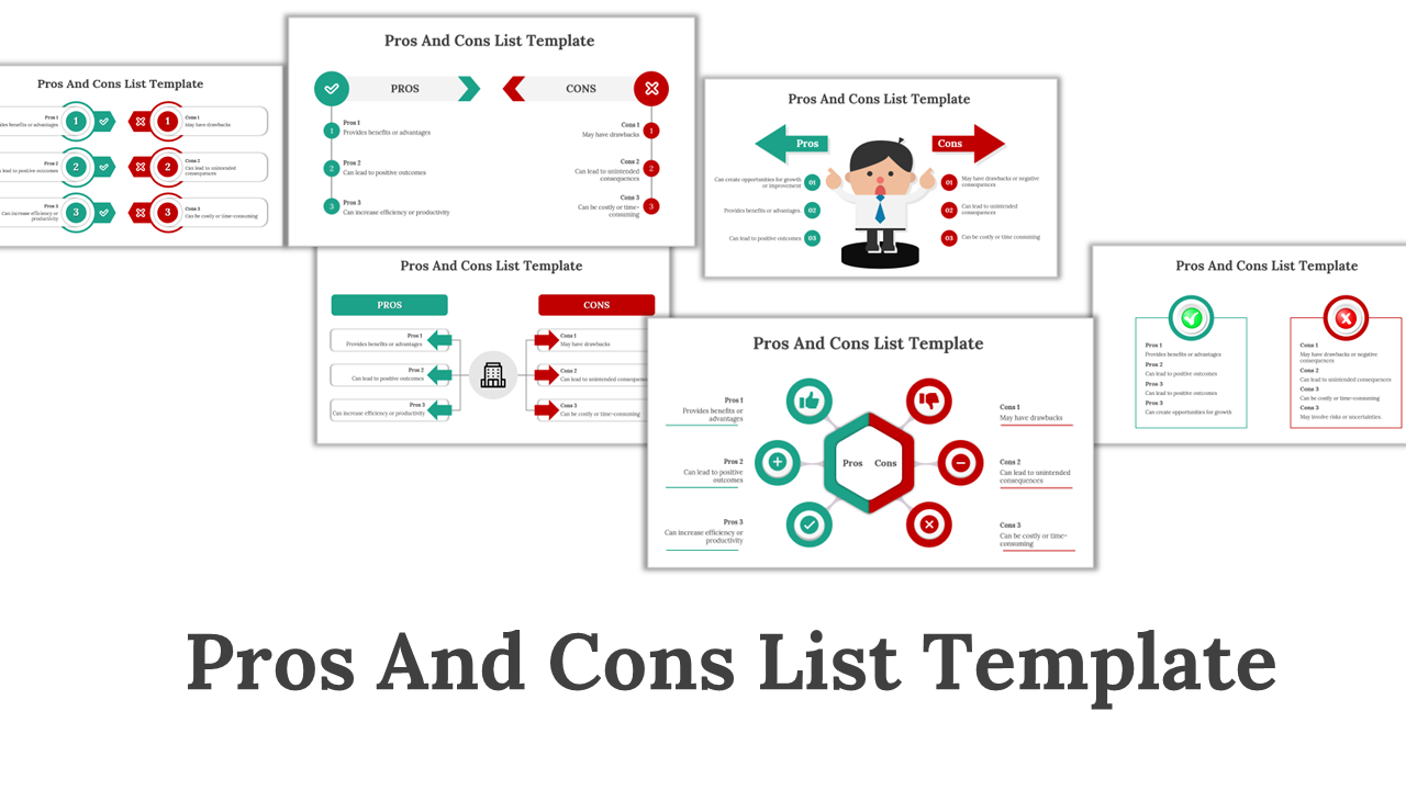 Pros and cons list template showing  slide deck designs with pros in green and cons in red.