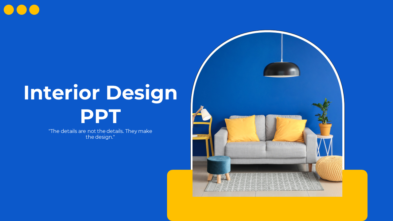 Interior design cover slide deck featuring a stylish living room with a blue wall, gray sofa, and yellow cushions.