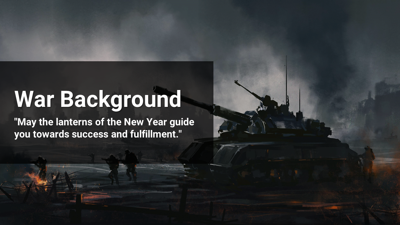 Dark themed slide deck featuring war scenes with tanks, soldiers, and smoky battlefields, conveying dramatic visuals.