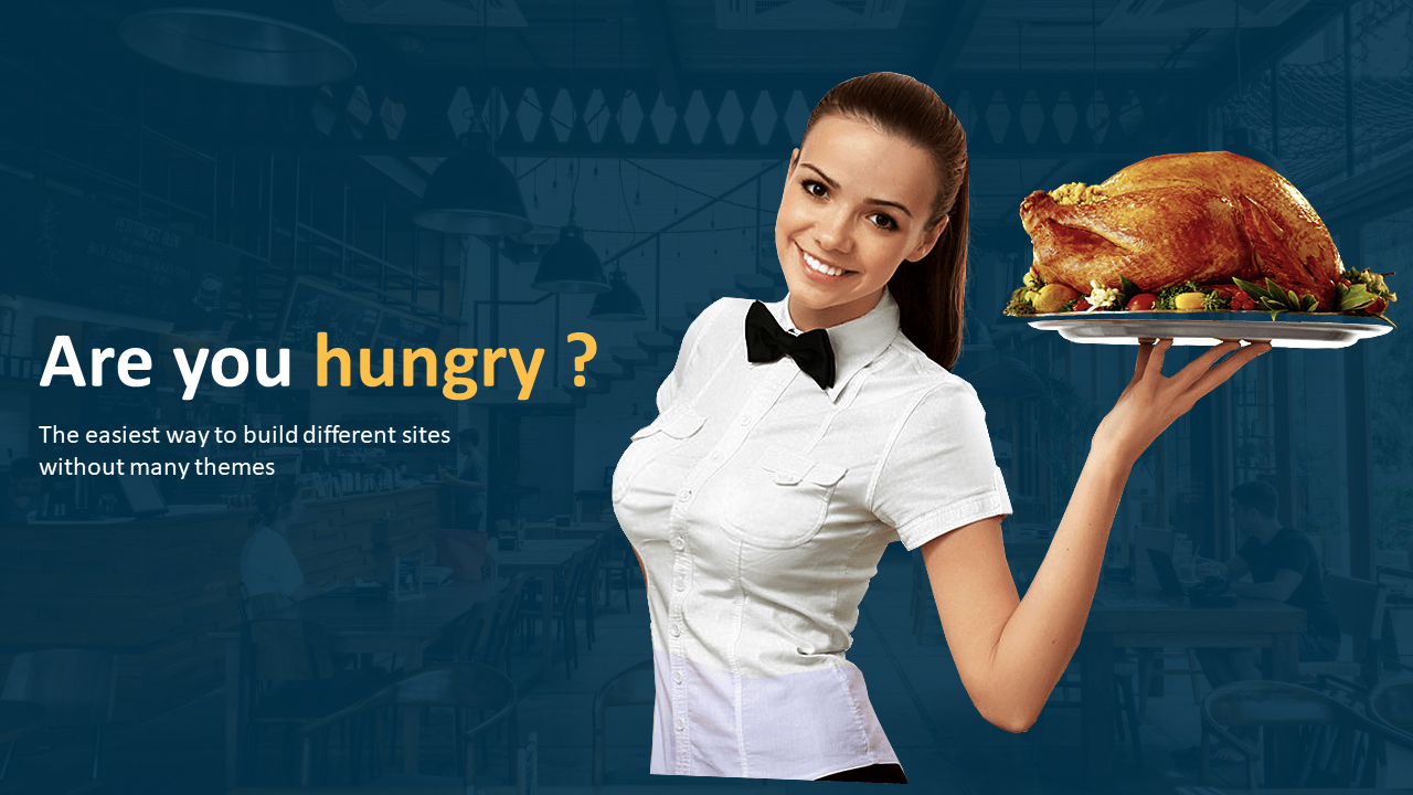 A restaurant themed presentation slides with a smiling waitress holding a dish, featuring food options and pricing details.