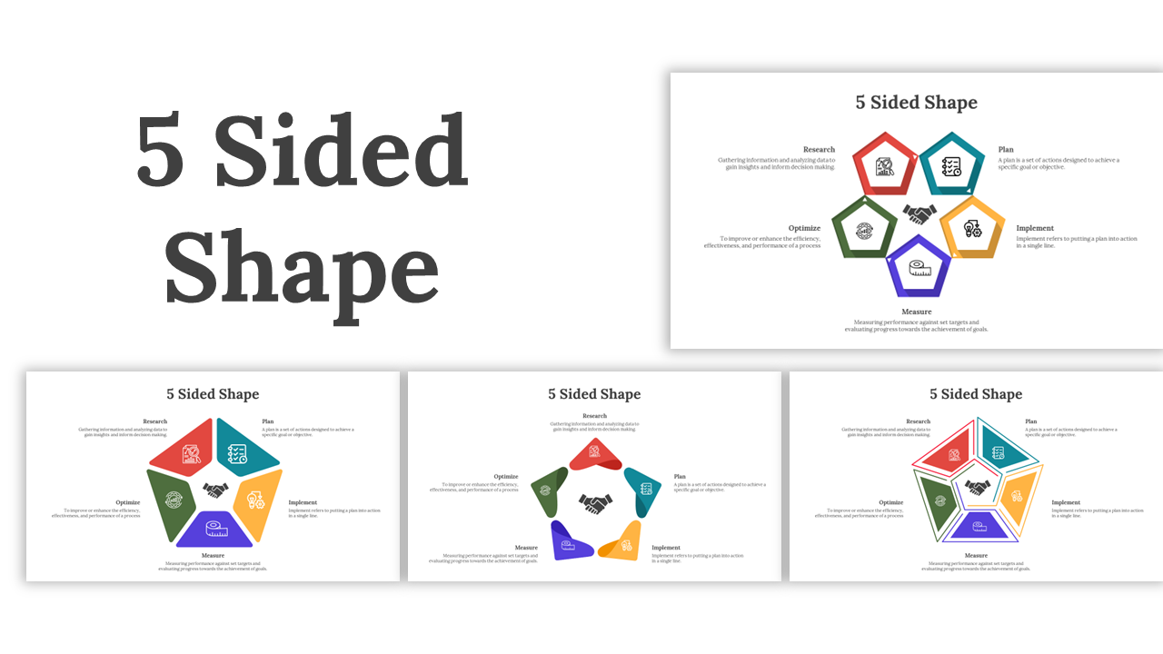 Slide deck showcasing 5 sided shape with icons and colors, highlighting key ideas or processes in pentagon form.