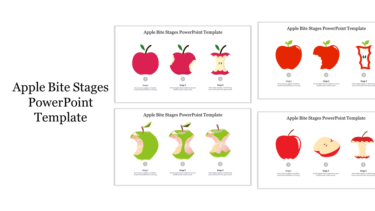 Apple bite stages slides show the progressive stages of an apple being eaten, from whole to core.