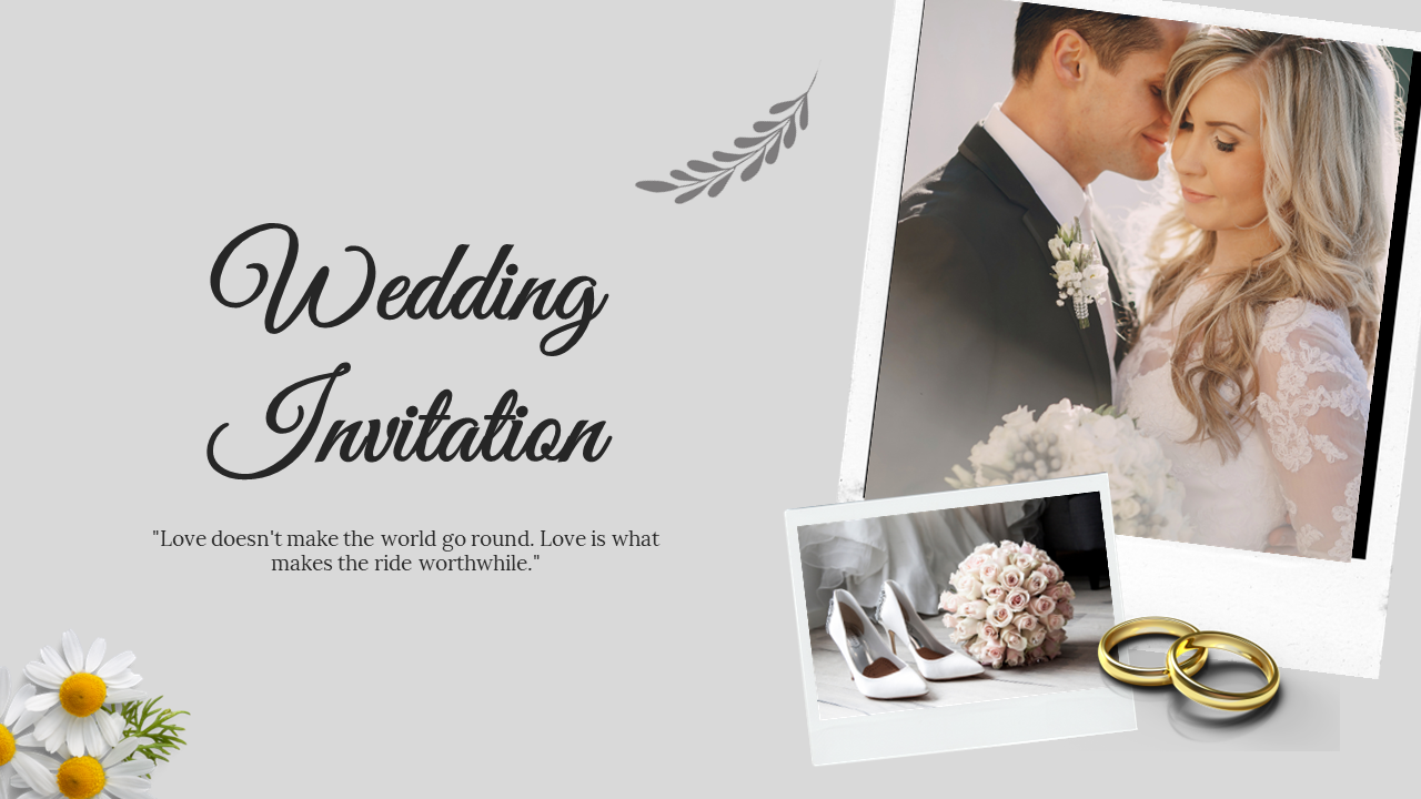 Wedding themed slides with couple, wedding attire, venues, and decor, set on a soft grey background with floral accents.