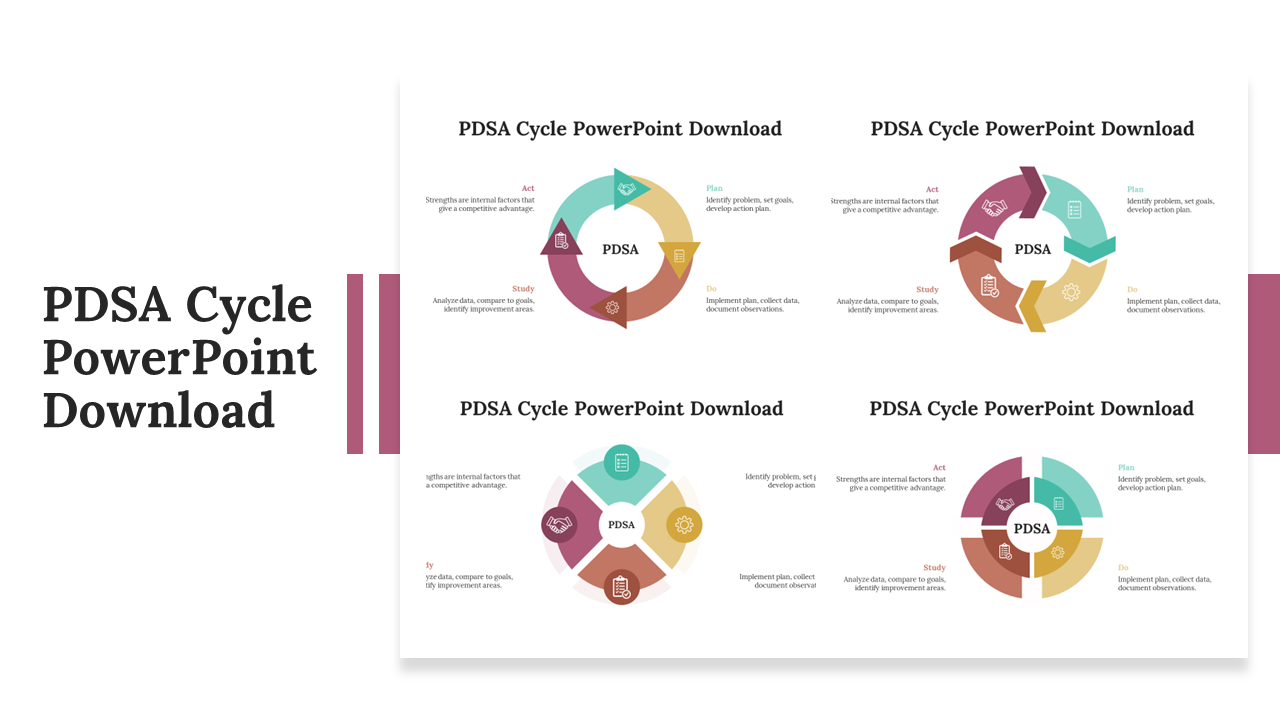 PDSA cycle, each with a distinct arrangement and color-coded segments for each phase offering multiple design variations.