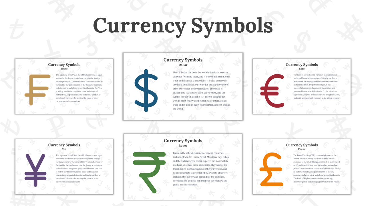 Collection of slides showcasing distinct currency symbols, each in a different color, with text details.