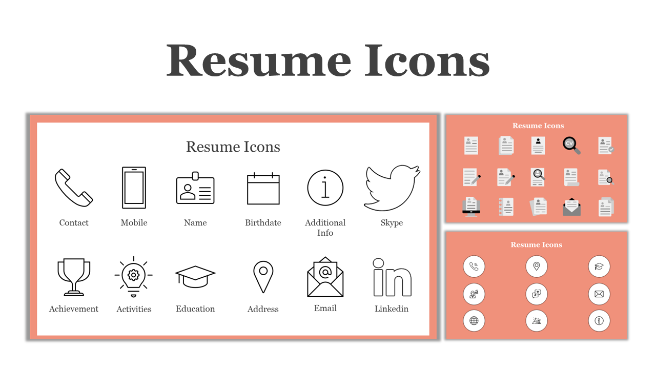 A pack of slides featuring a set of resume icons such as symbols for contact, mobile, education, and social media.