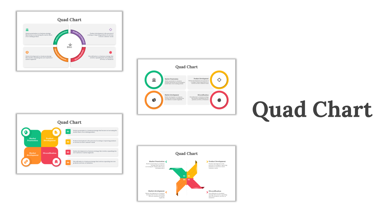 Collage of six quad chart designs featuring circular and square layouts with colorful icons and placeholder text area.