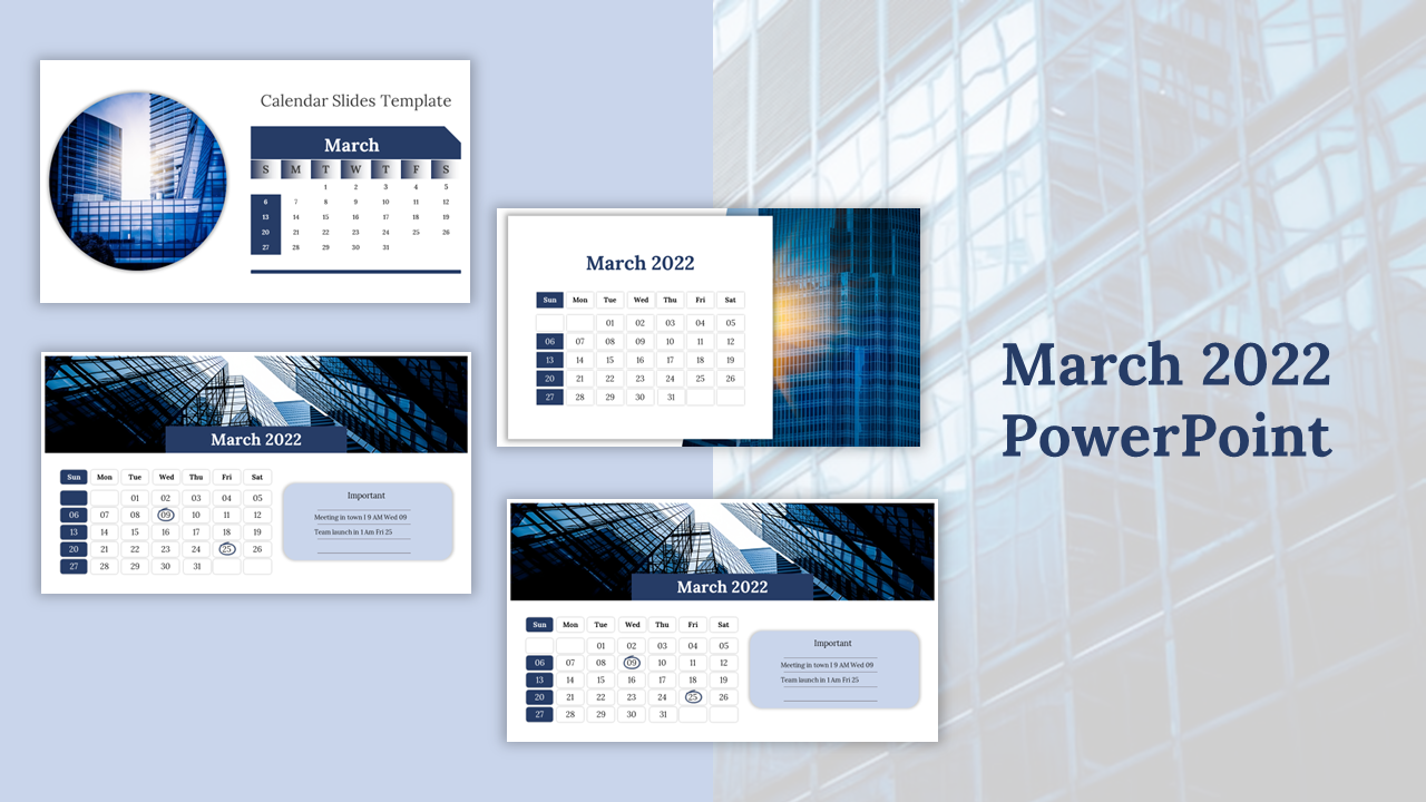 Modern March 2022 calendar PowerPoint slides featuring corporate design elements and calendar layouts.