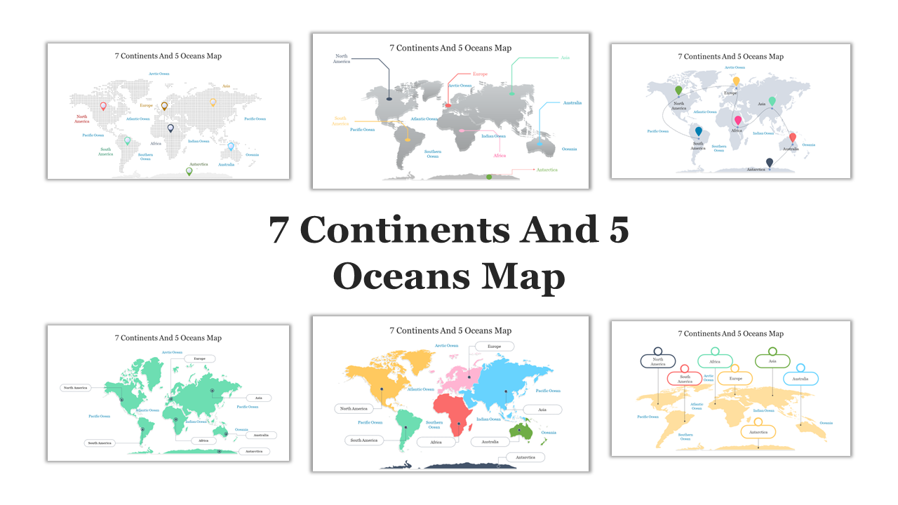 Pack of slides with multiple world maps showing the continents and oceans, using distinct color schemes.