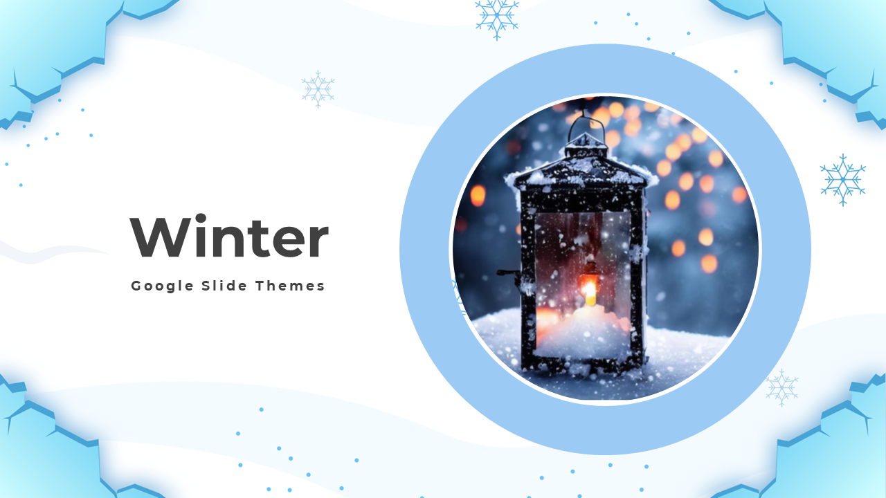 Winter themed slide deck with blue accents, snowflake icons, and images of snowy landscapes, nature, and holiday scenes.