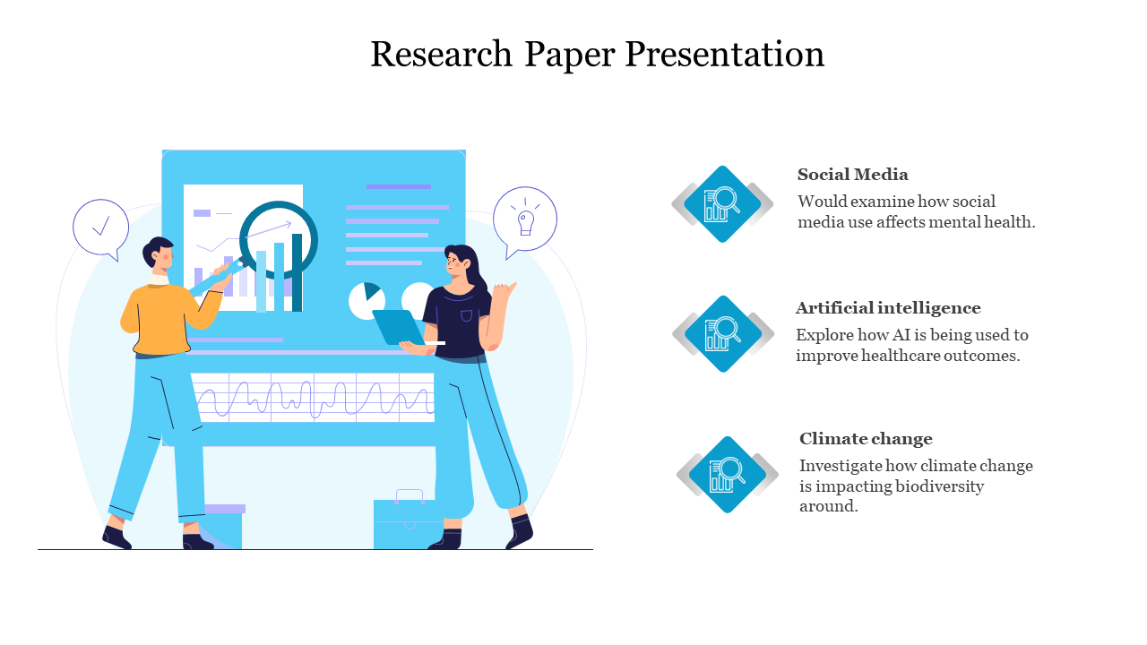 Research paper slides with vibrant illustrations and icons, divided into topics like social media, AI, and climate change.