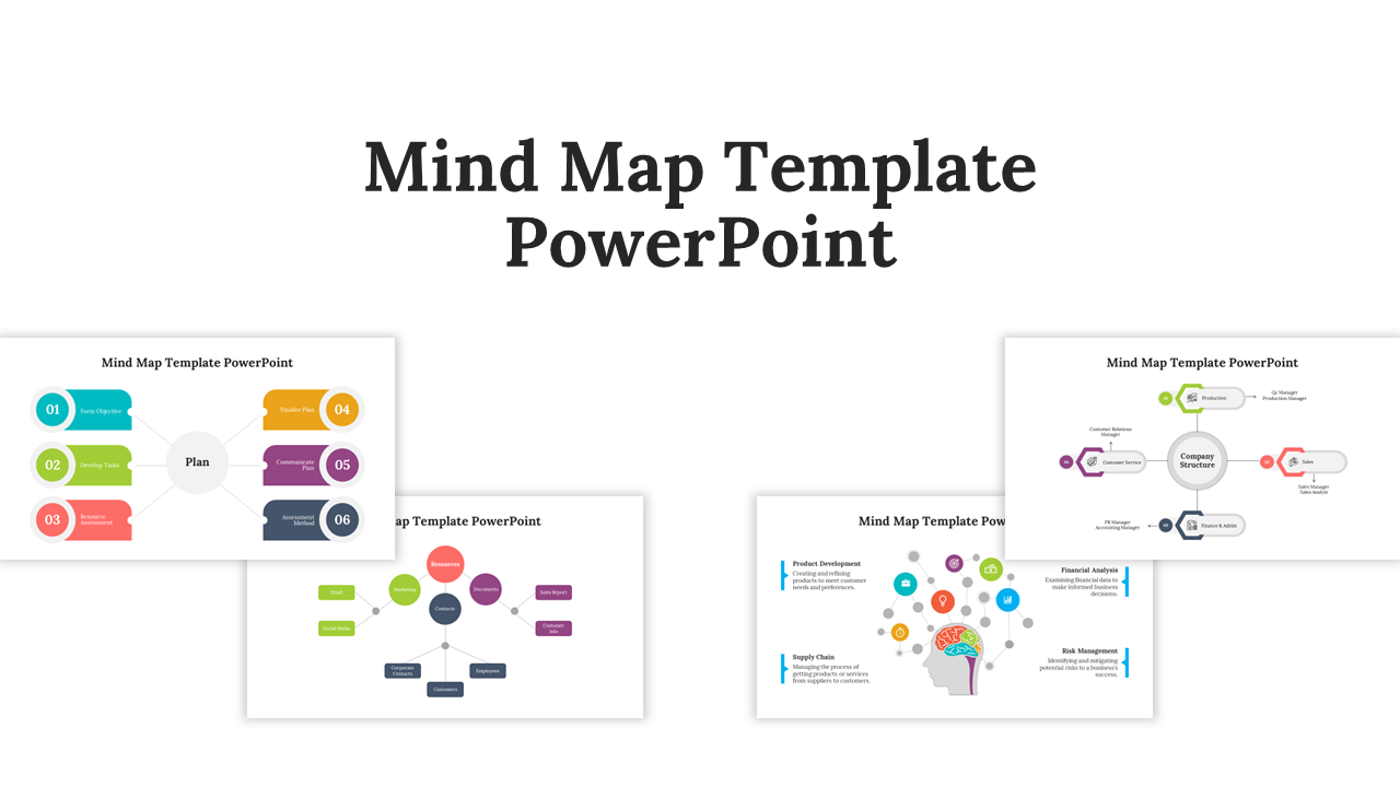 A slide deck of four mind map templates displayed with various circular and branching layouts in vibrant colors.