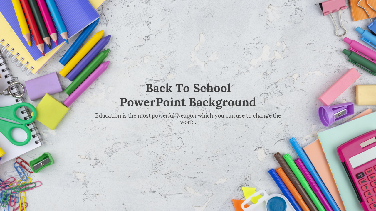 Back to School background with colorful school supplies with a quote in the centre arranged around a textured surface.