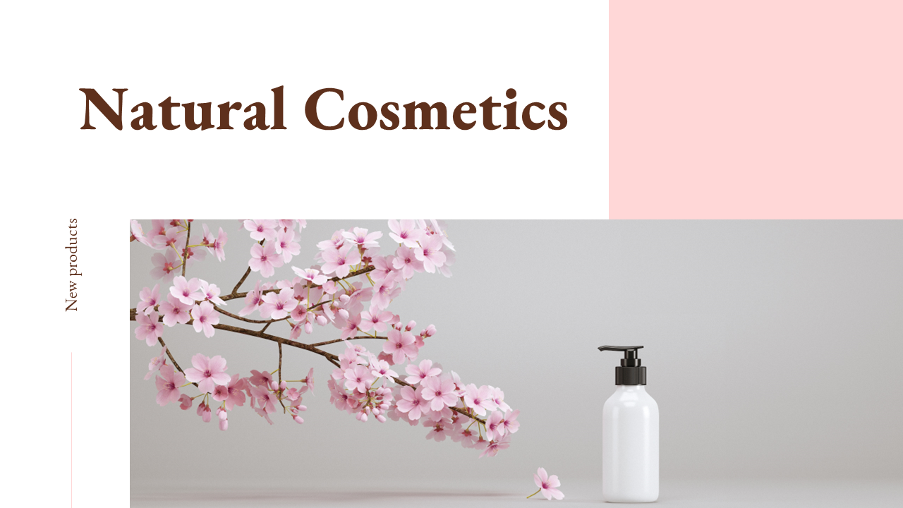 Natural cosmetics with a soft pink design, including slides for product features, customer reviews, and contact information.