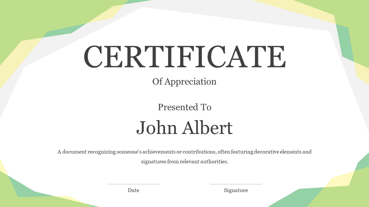 Certificate slide deck with varying border designs, emphasizing clean, elegant layouts and central text for awardees.