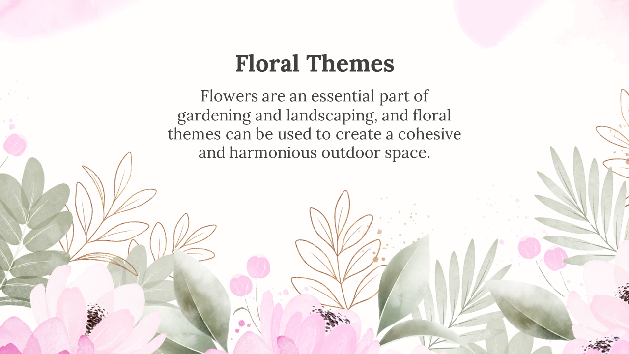 Collection of floral themed slides with soft pastel backgrounds and botanical illustrations.