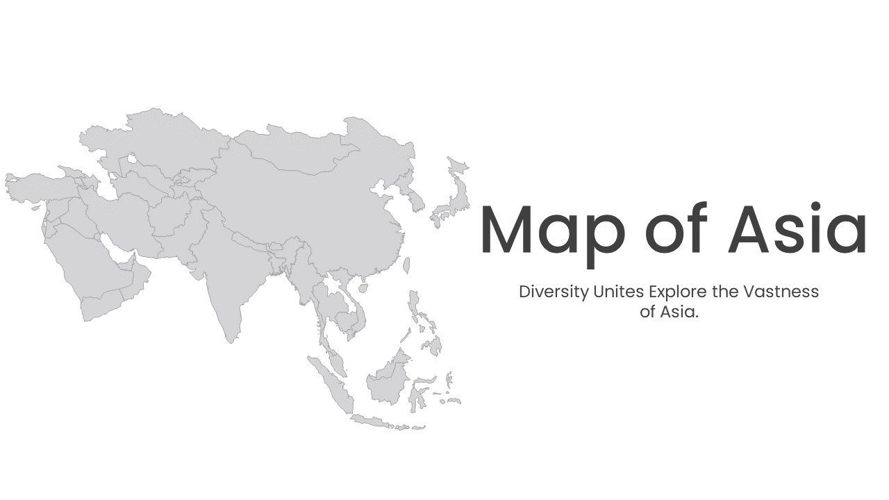 Slide deck with various Asia maps in different color themes, includes data visuals, demographics, and regional highlights.