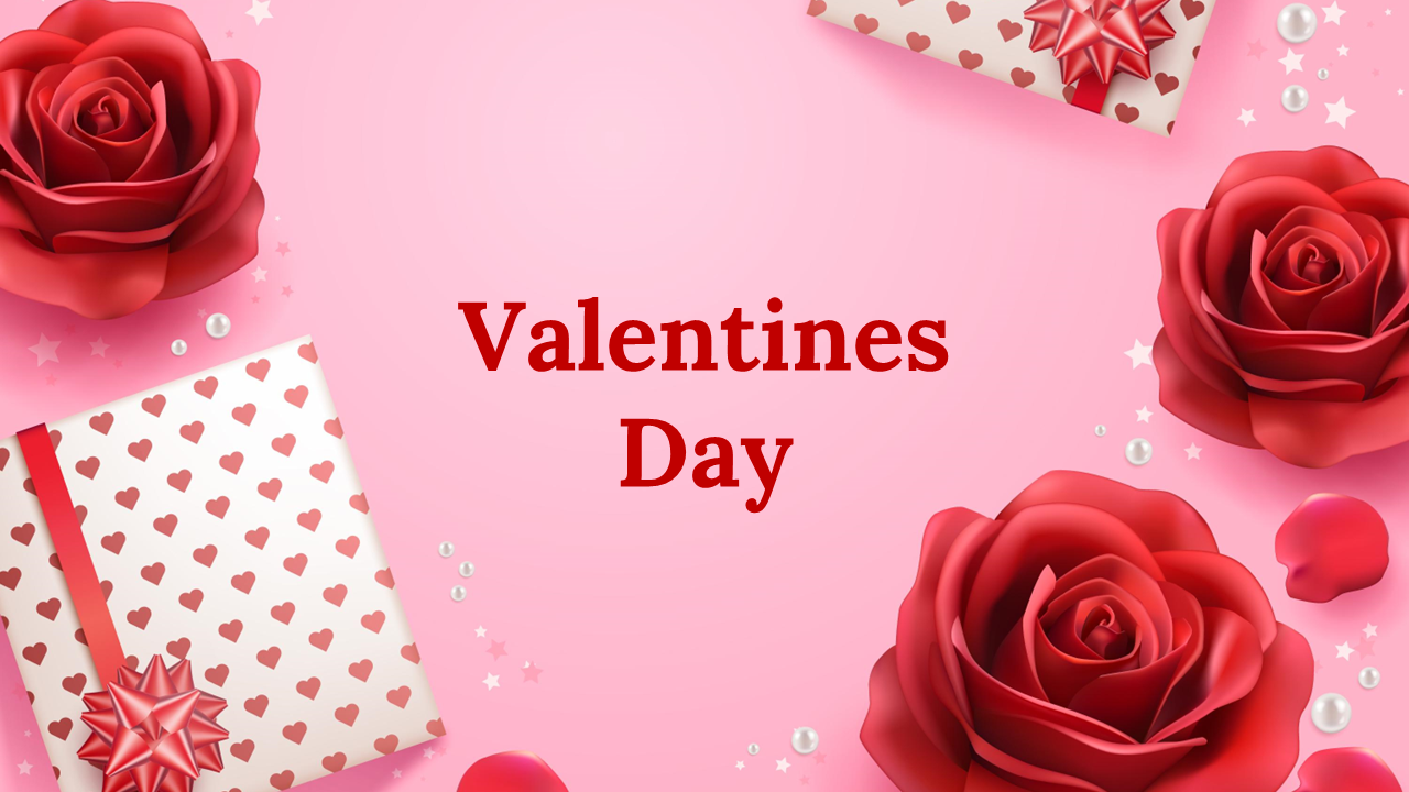 Valentine's day themed slide deck showcasing romantic visuals like roses, hearts, and gift boxes for celebrating love.