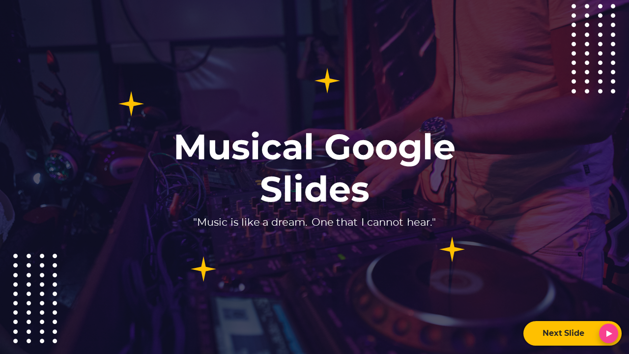 Vibrant Musical Google Slides template featuring a DJ setup and multiple slides focused on music-related topics.