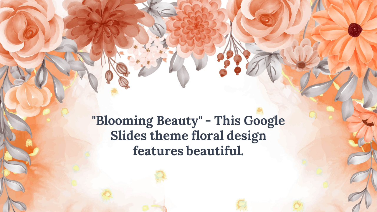 Slide deck with floral designs in orange, purple, and peach tones, in various layouts with flowers and soft backgrounds.