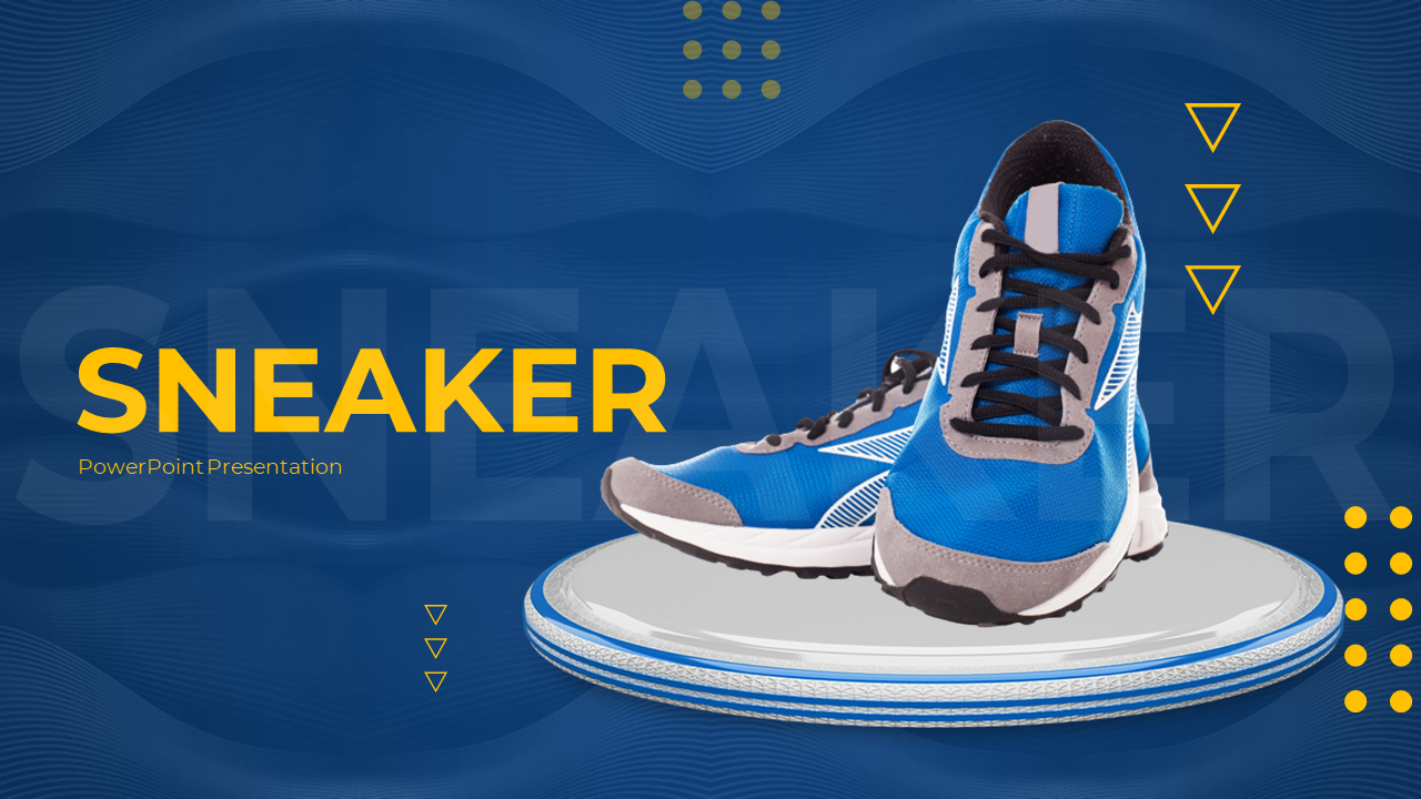 Slide deck featuring images of sneakers, including its history, design, and culture, in blue themed background.