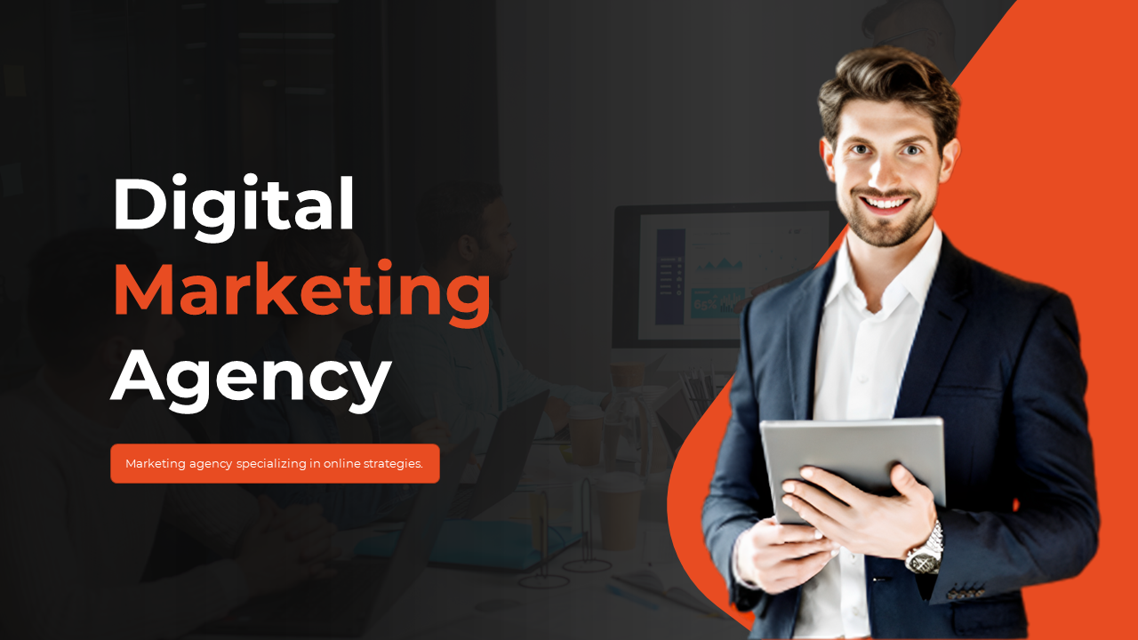 Slide deck with orange accents showcasing digital marketing services like SEO, social media, and email marketing.