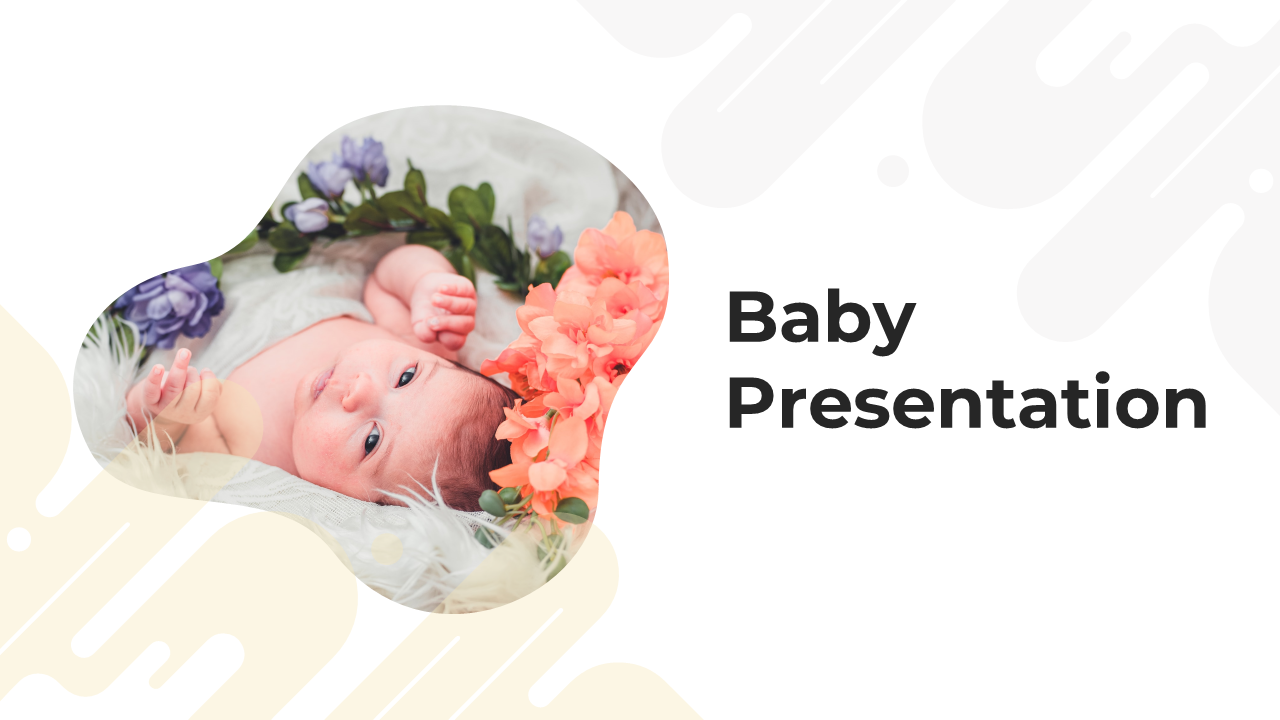 Slide deck with soft pastel backgrounds, featuring baby photos in various shapes and sections for care and development.