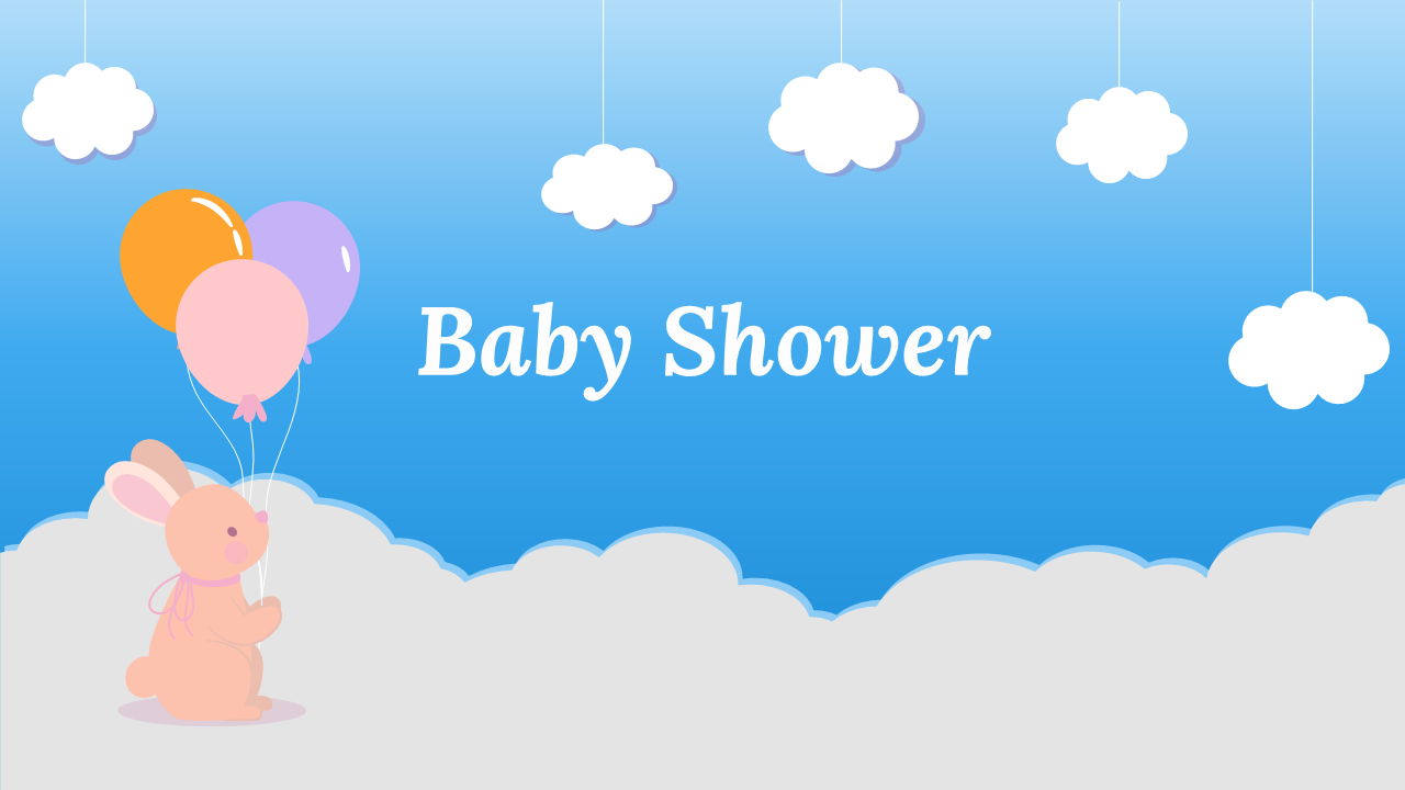 Baby shower slides with cheerful pastel colors, featuring a mix of baby icons, clouds, and animal illustrations background.