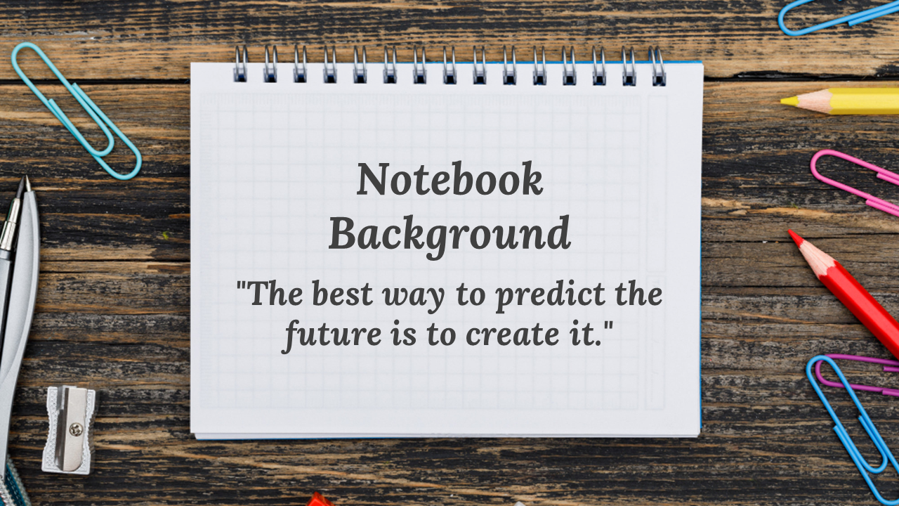 A pack of slides featuring a spiral notebook on a wooden table with motivational quotes and stationery items.